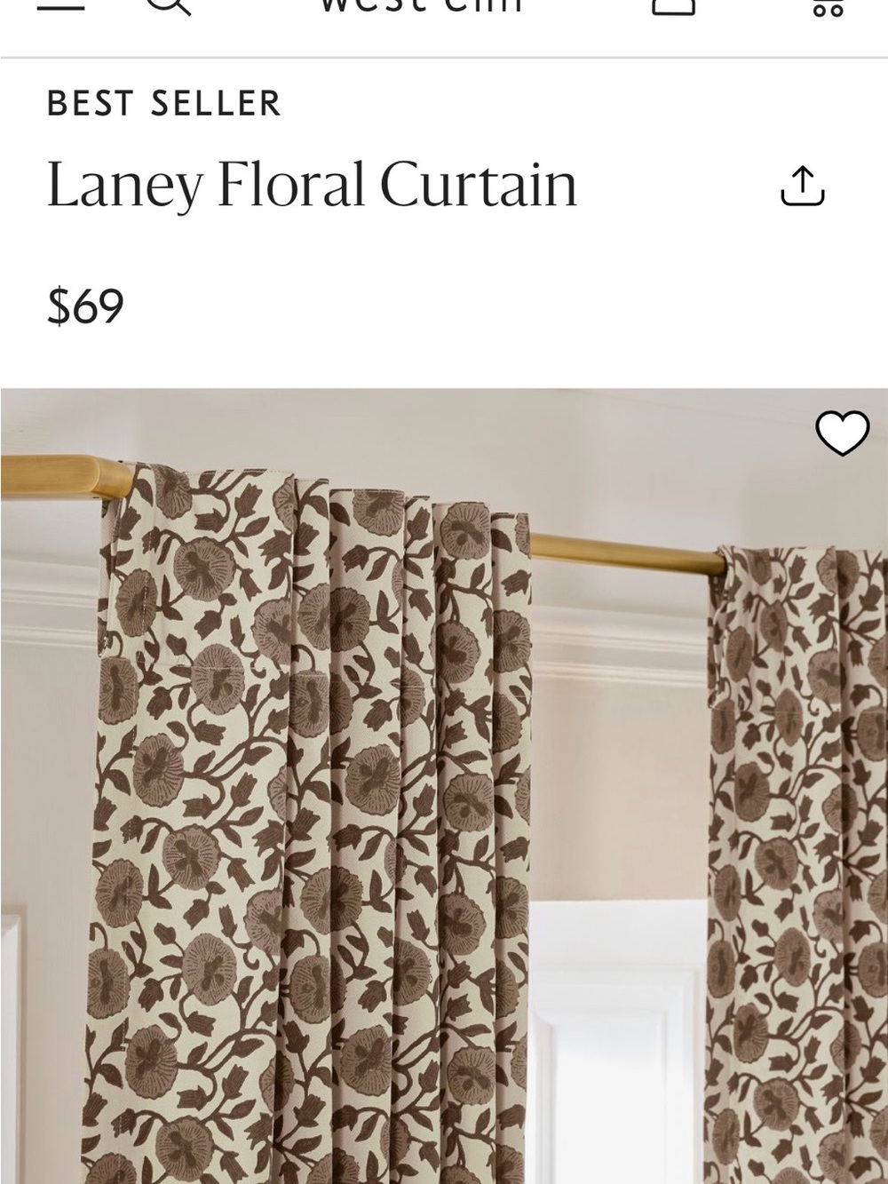 Brand New West Elm Pole-Pocket Curtain Laney Floral Panel - 1 Panel Only